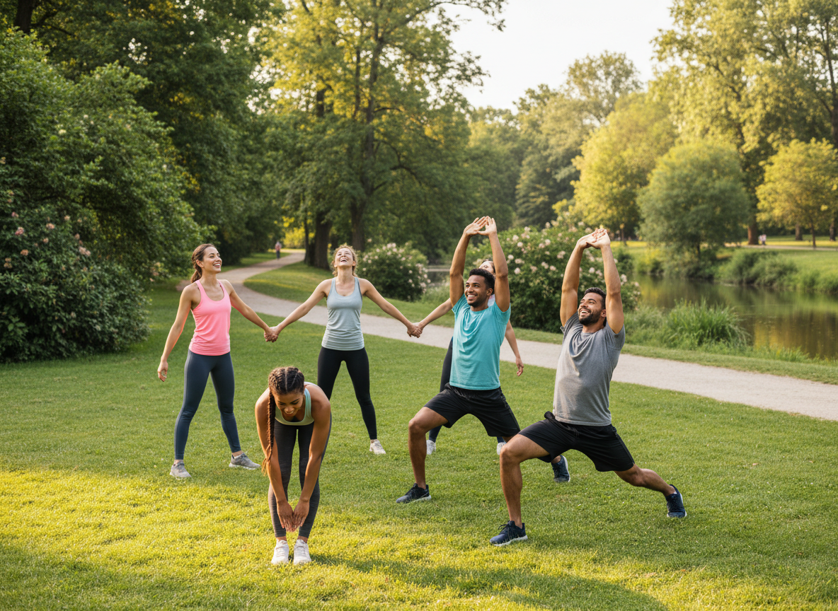 Grupo de amigos entrenando juntos en un parque