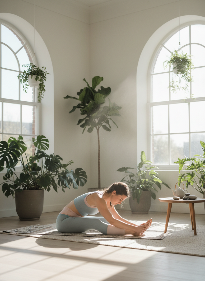 Mujer practicando yoga en una sala luminosa con plantas